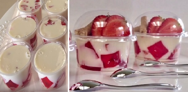 Gelatinas de Horchata fresa y fresas naturales ,para negocio o mesa de postres  ” By Creaciones Prin ” Si te gusta dinos HOLA y dale a Me Gusta MIREN …