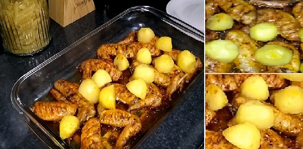 Alitas de pollo al horno con patatas panadera! Si te gusta dinos HOLA y dale a Me Gusta MIREN…